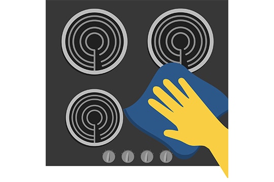 illustration of a hand cleaning a stovetop with a cloth