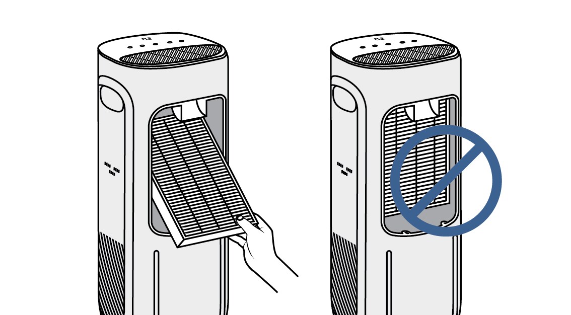 Replacing air filter in a Filtrete™ Smart Air Purifier tower device at an angle
