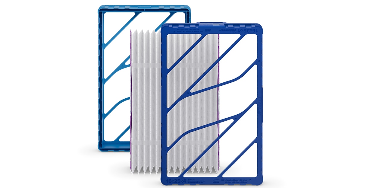 Three blue-framed pleated air filters of varying depths stand upright.

