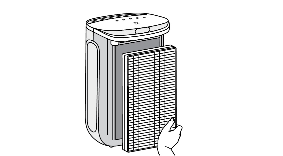 Hand removing used air filter from Filtrete™ Smart Air Purifier console device
