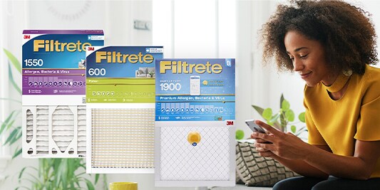 A woman on her phone with three filtrete filters overlayed on top of the image next to the woman.
