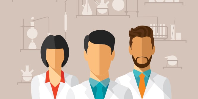 Graphic illustration of 3 scientists standing together in lab coats with science equiptment in background.

