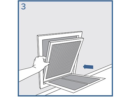 Illustration of top of Filtrete 1 inch filter being placed into wall vent.
