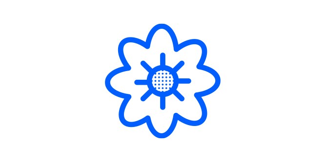 an icon of an 8 petal flower, outlined in blue.
