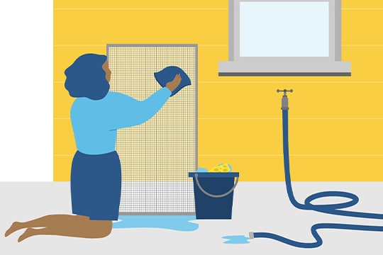 Wash screens and frames with a solution of warm water and dish detergent. (A mixture of one part vinegar to three parts water will also do the trick.
