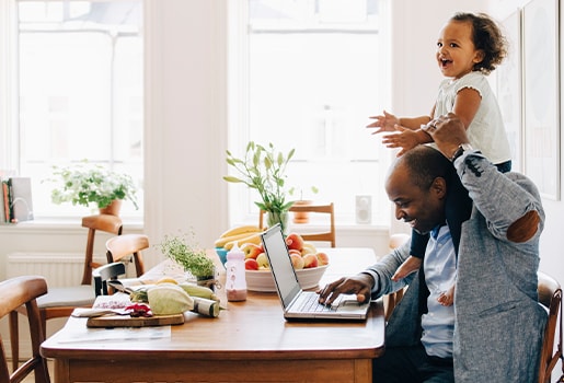 Filtrete™ Filters are a smart choice for homeowners concerned with both air quality and HVAC efficiency. A man with a happy child on his shoulders.