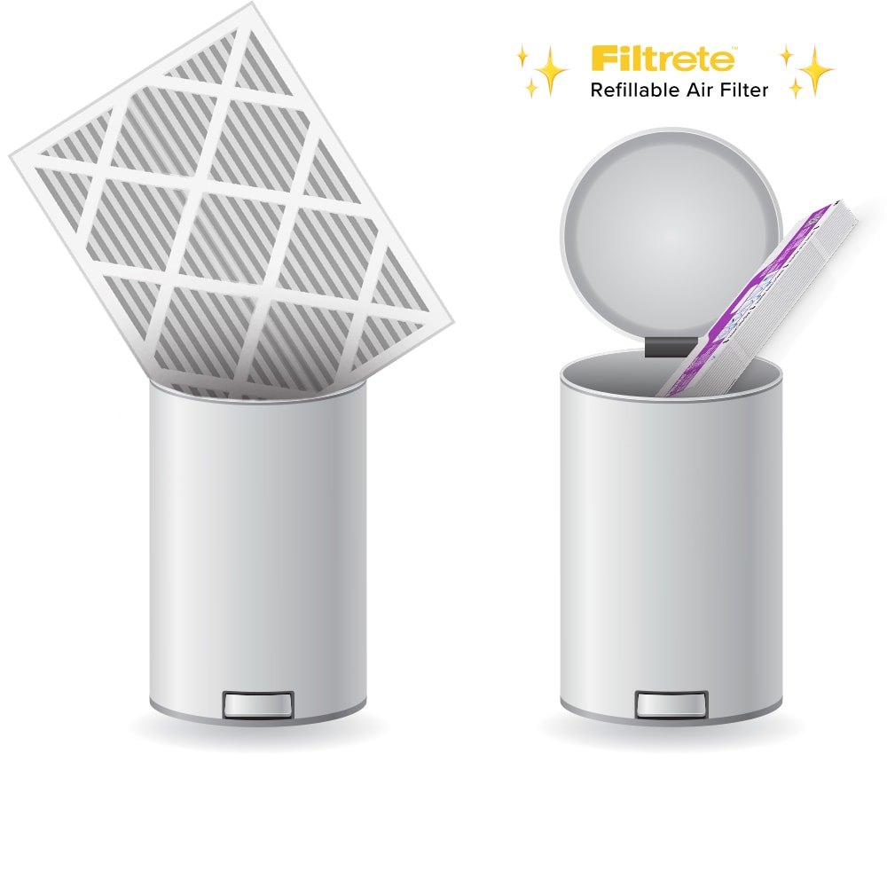 Two white trashcans, the one on the left has an HVAC filter sticking out but is too big to fit, the right has a filtrete refillable air filter compressed down to fit in the trashcan.
