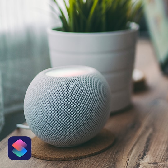 Head on shot of Siri Smart Device sitting on brown coaster and displayed on a wooden table or desk. Potted plant sits behind just out of focus.