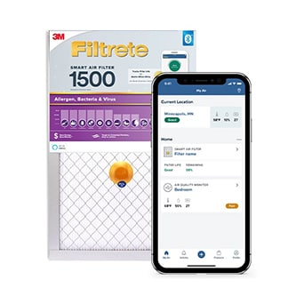 a Filtrete MPR 1500 Smart air filter next to a phone with the Filtrete smart app open.