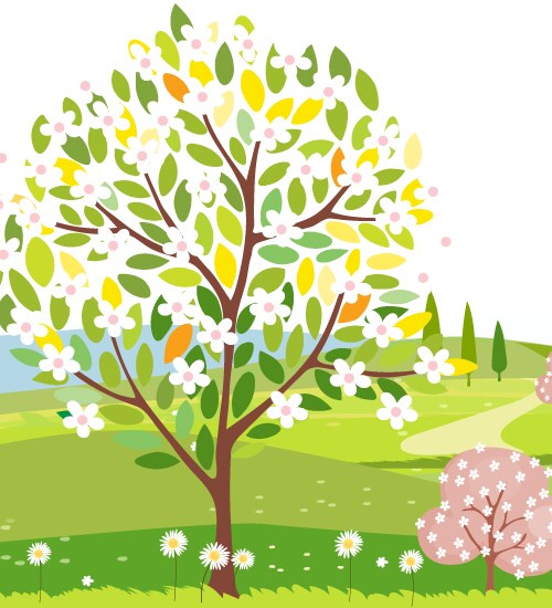 Vector illustration of trees floers dandelions grass