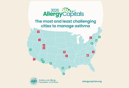 2026 Allergy Capitals Map - The most and least challenging cities to manage asthma.