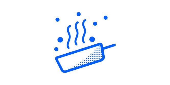 an icon of a frying pan with squiggles and dots coming up from it depicting cooking particles.

