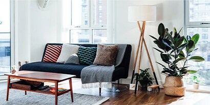 A living room with a navy couch, throw pillows, a coffee table, and house plants.
