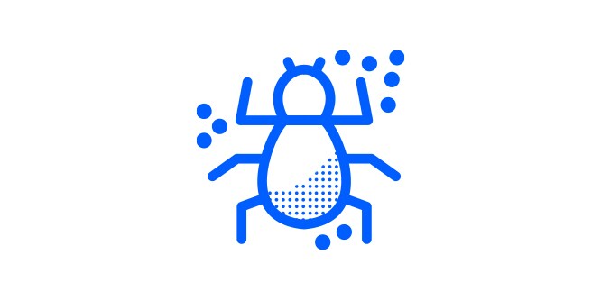 an icon of a dust mite with 6 legs and dots surrounding it, outlined in blue.
