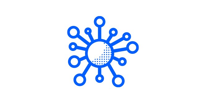 an icon of a circle with lines and circles coming out of the circle depicting a mold spore, outlined in blue
