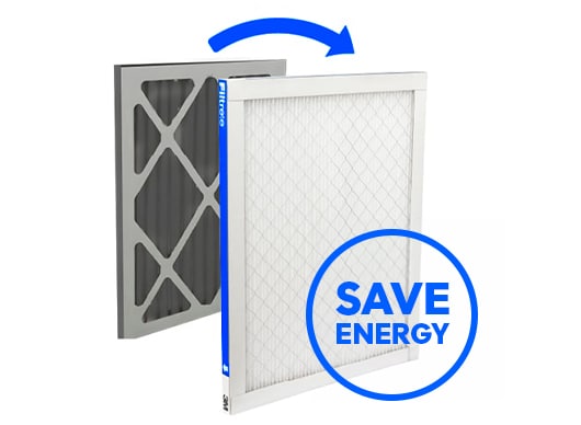 Two filters with an arrow pointing from the background filter to the Filtrete filter in the foreground “SAVE ENERGY” in the bottom right corner.
