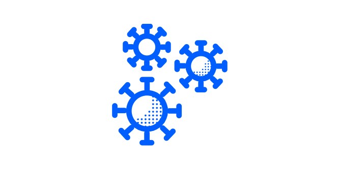 three circles with lines coming out of them symmetrically depicting viruses at a microscopic level. Icon outlined in blue.
