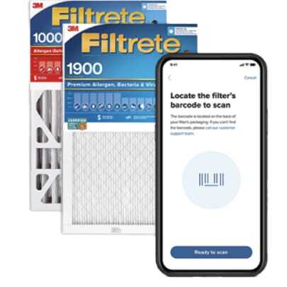 Two Filtrete Air Filters and a smart phone showing the Filtrete™ Smart App
