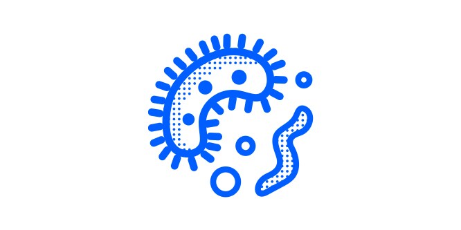 an icon of squiggles and shapes with lines coming out of them depicting bacteria, outlined in blue
