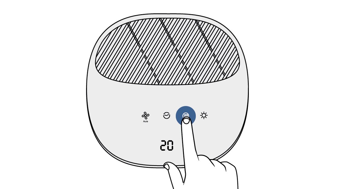Finger holding the filter button on the top of a Filtrete™ Smart Air Purifier tower device
