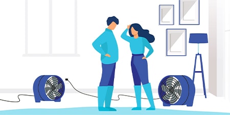 An illustration in shades of blue and grey of a Male and female drying a room with 2 large fans after a flood.