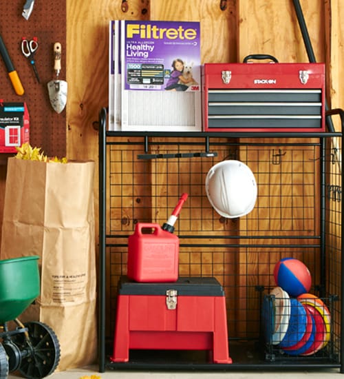 Filtrete™ Air Filter 1500 MPR – MERV 12 on shelf in garage.