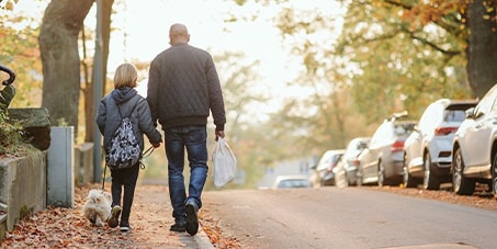 Man and child walking a dog