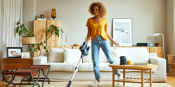 Woman vacuuming a stylish living room with a cordless vacuum.
