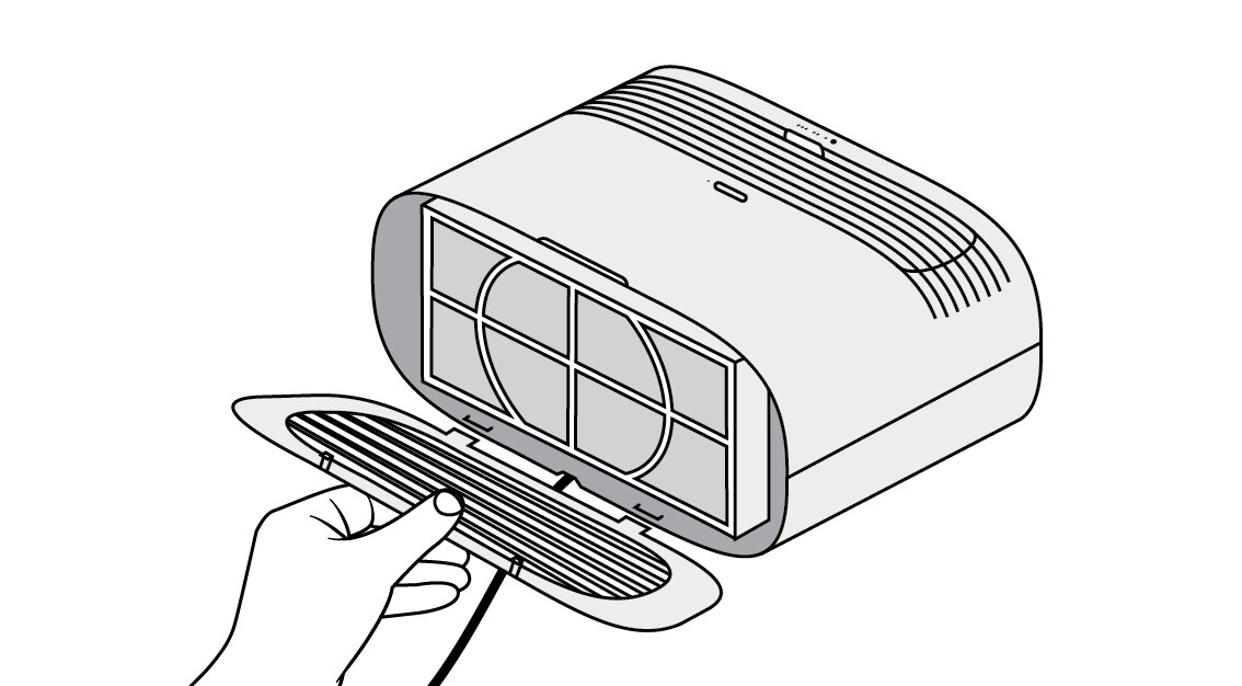 Replacing the filter cover on the front of Filtrete™ air purifier tabletop device
