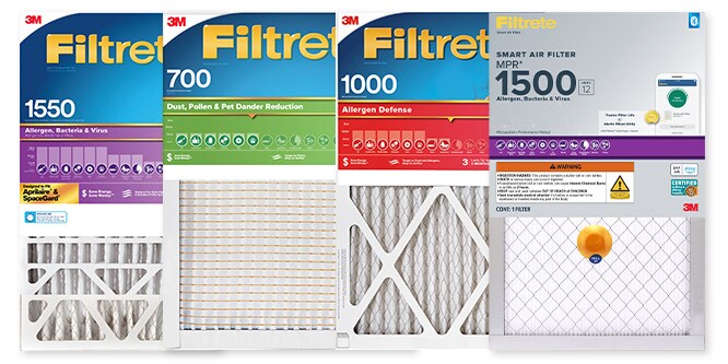 4 packaged Filtrete™ air filters side by side.
