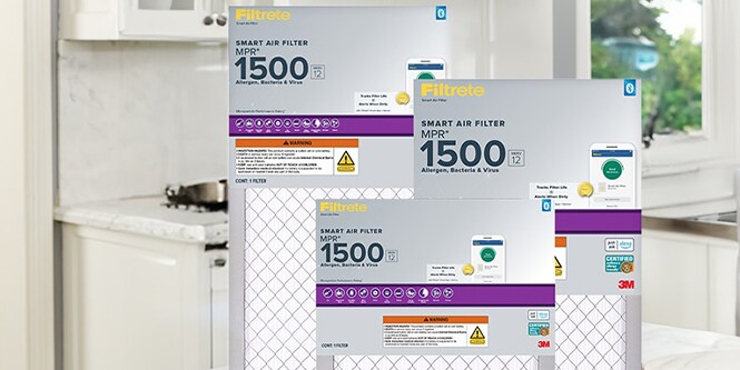 3 Filtrete Smart Air Filters standing up next to each other
