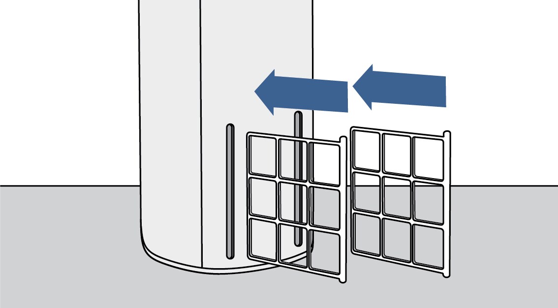 Inserting two filter screens back into a Filtrete™ Air Purifier tower device
