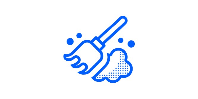 an icon of a small broom and a cloud of dust in outlined in blue.
