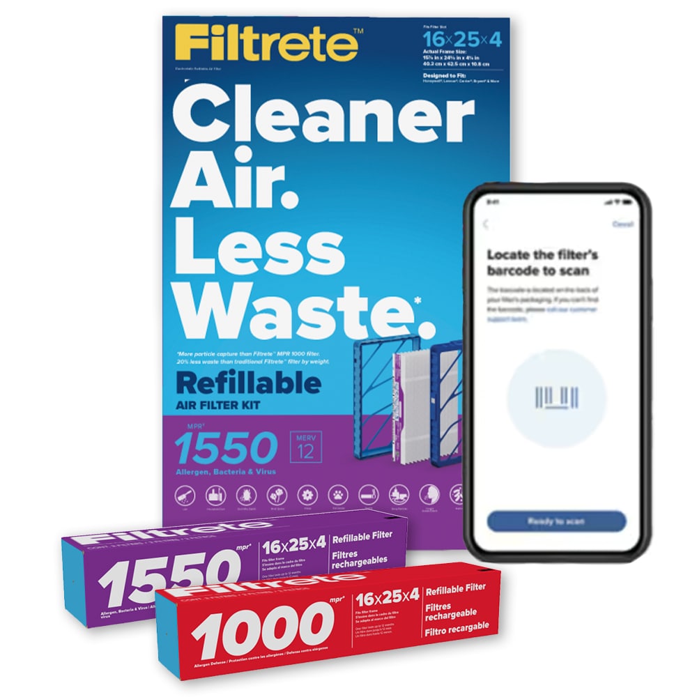 A phone showing the filtrete smart app with a filtrete refillable air filter kit in the background.
