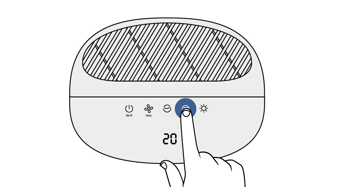 Finger holding the filter button on the top of a Filtrete™ Smart Air Purifier console device
