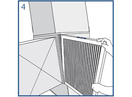 Illustration of top of Filtrete 1 inch filter being placed into HVAC unit.
