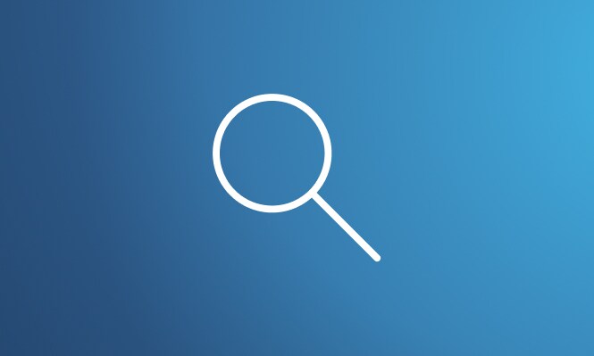 White magnifying glass icon on a blue gradient background.
