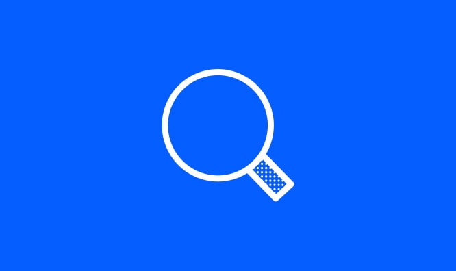 White magnifying glass icon on a blue background.
