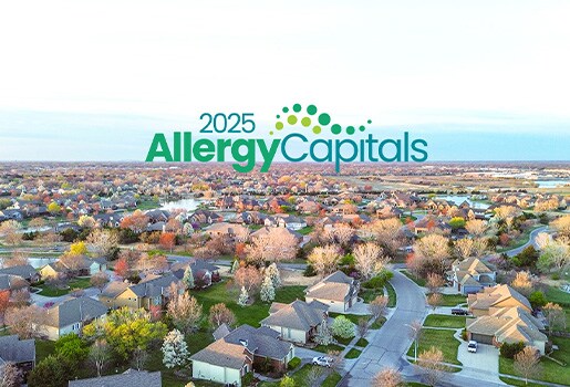 Image of a city with the title “2025 Allergy Capitals”