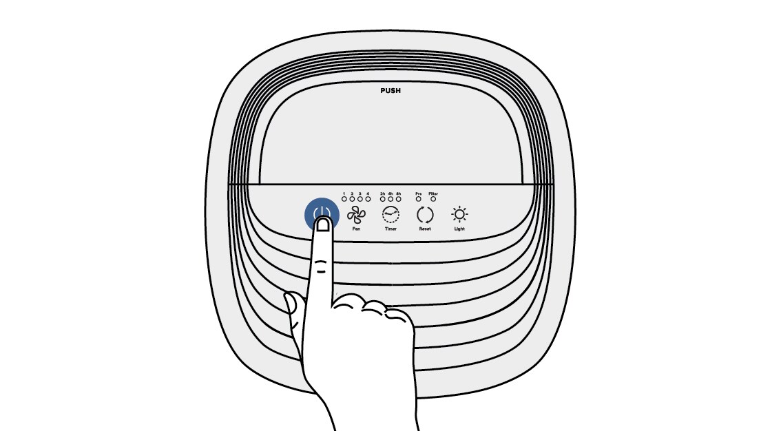 Finger tapping the reset button on the top of a Filtrete™ Air Purifier tower device
