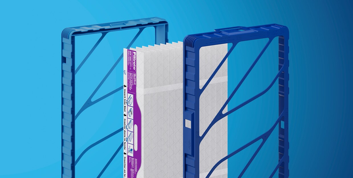 Two blue filter frames surrounding a white accordion-style filter on a blue background.
