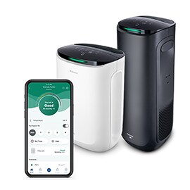 Filtrete Smart Air Purifiers with a smart phone showing the Filtrete Smart App