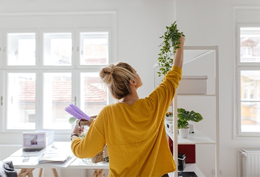 Try these tips for tackling dust buildup—without actually dusting. A woman reaching for a house plant on a shelf.