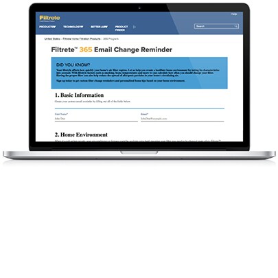 A laptop showing the Filtrete™ 365 Email Change Reminders signup page