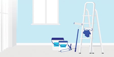 An illustration in shades of blue and grey of a room with a ladder and paint equipment.