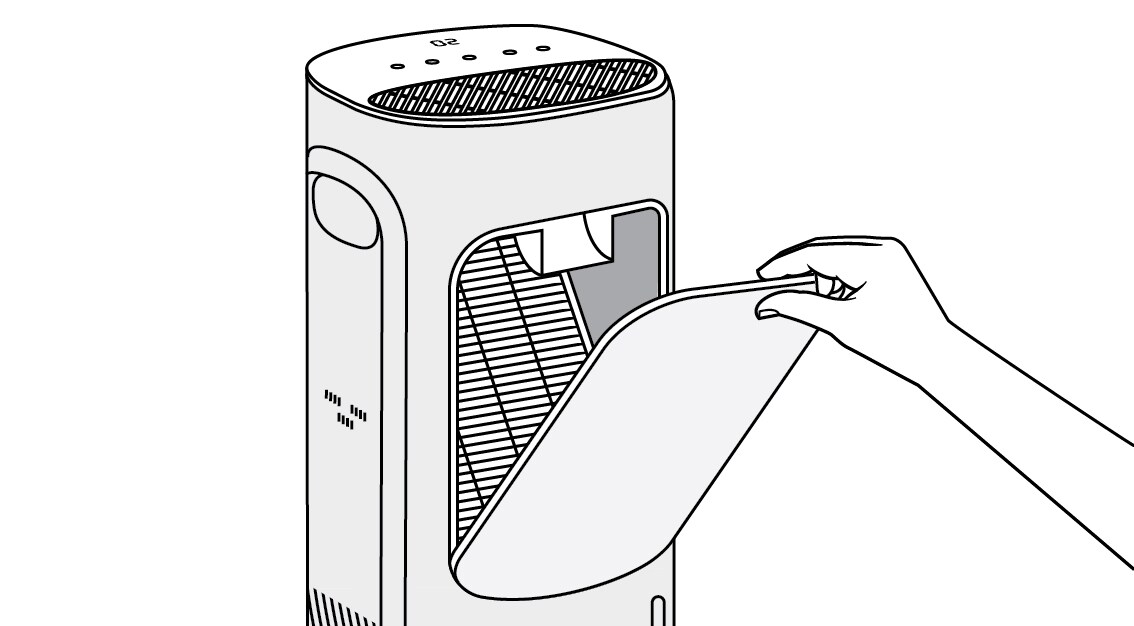 Hand removing back cover of Filtrete™ Smart Air Purifier tower device
