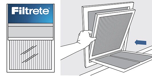 An illustration of a Filtrete Filter being installed.
