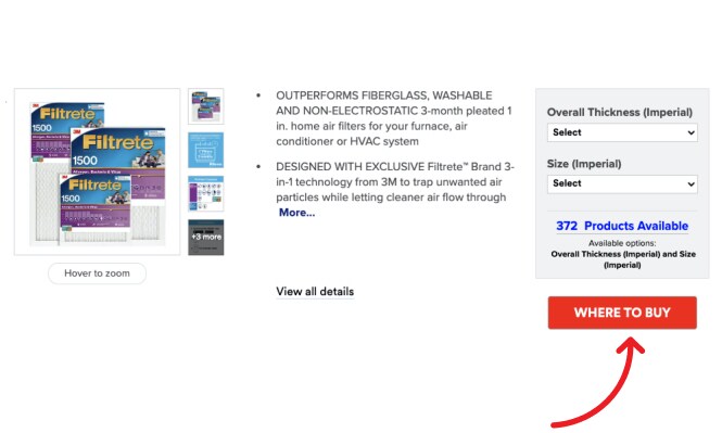Product information page with where to buy locator button displayed.
