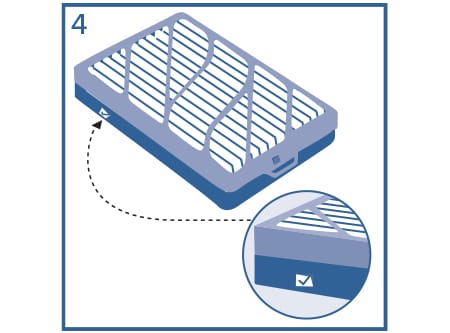 Illustration of a Filtrete Refillable Filter ffilter being installed on the frame and secured on the latches.
