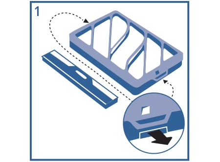 Illustration of a Filtrete Refillable Filter frame being opened.
